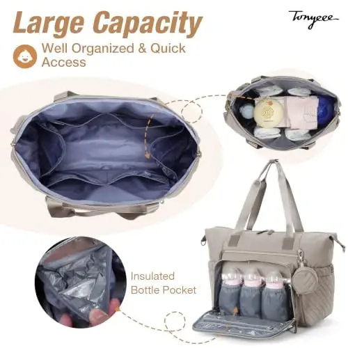 Tonyeee Diaper Bag Tote, Large Baby Hospital Bag for Labor Delivery Mom | Travel Diaper Tote with Changing Pad, Pacifier Case, Insulated Pockets, Luggage Sleeve, Shoulder Strap, V-Quilted Taupe - 3