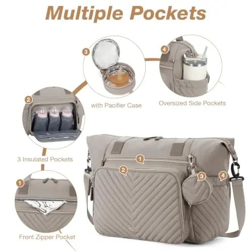Tonyeee Diaper Bag Tote, Large Baby Hospital Bag for Labor Delivery Mom | Travel Diaper Tote with Changing Pad, Pacifier Case, Insulated Pockets, Luggage Sleeve, Shoulder Strap, V-Quilted Taupe - 4