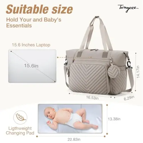 Tonyeee Diaper Bag Tote, Large Baby Hospital Bag for Labor Delivery Mom | Travel Diaper Tote with Changing Pad, Pacifier Case, Insulated Pockets, Luggage Sleeve, Shoulder Strap, V-Quilted Taupe - 5