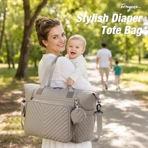 Tonyeee Diaper Bag Tote, Large Baby Hospital Bag for Labor Delivery Mom | Travel Diaper Tote with Changing Pad, Pacifier Case, Insulated Pockets, Luggage Sleeve, Shoulder Strap, V-Quilted Taupe - Tonyeee (1)