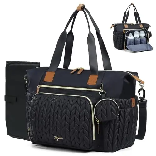 Tonyeee Diaper Bag Tote, Large Diaper Bags Waterproof, Hospital Bag for Labor Delivery, Baby Bag with Pacifier Case, Travel Diaper Tote with Changing Pad, Black - 2