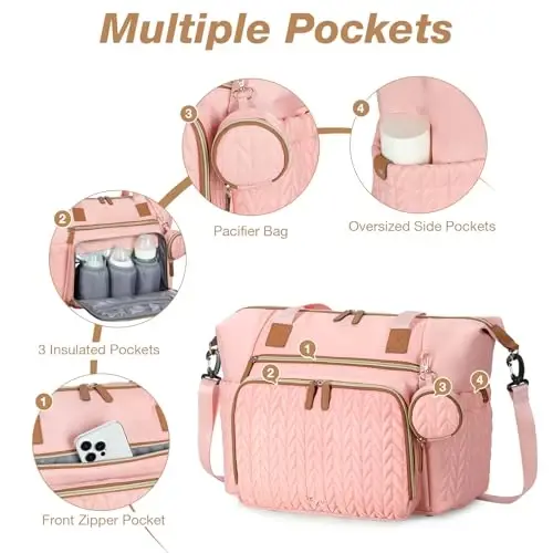Tonyeee Diaper Bag Tote, Large Diaper Bags Waterproof, Hospital Bag for Labor Delivery, Baby Bag with Pacifier Case, Travel Diaper Tote with Changing Pad, Pink - 4