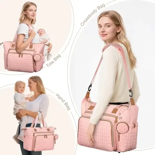 Tonyeee Diaper Bag Tote, Large Diaper Bags Waterproof, Hospital Bag for Labor Delivery, Baby Bag with Pacifier Case, Travel Diaper Tote with Changing Pad, Pink - 5
