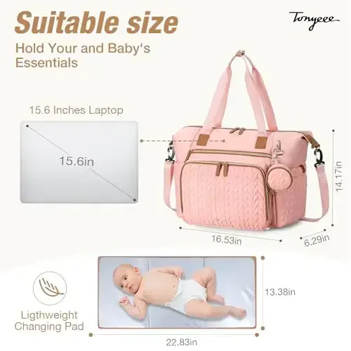 Tonyeee Diaper Bag Tote, Large Diaper Bags Waterproof, Labor uchun kasalxona sumkasi, Emzik qutisi bilan chaqaloq sumkasi, O'zgartirish uchun joyli sayohat sumkasi, Pushti - 3