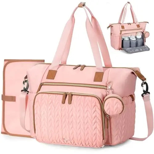 Tonyeee Diaper Bag Tote, Large Diaper Bags Waterproof, Labor uchun kasalxona sumkasi, Emzik qutisi bilan chaqaloq sumkasi, O'zgartirish uchun joyli sayohat sumkasi, Pushti - 1