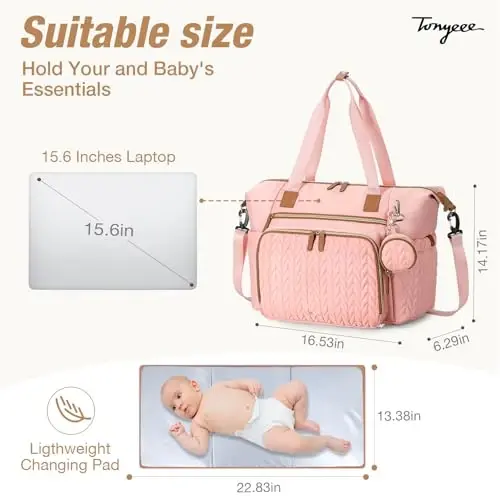 Tonyeee Diaper Bag Tote, Large Diaper Bags Waterproof, Labor uchun kasalxona sumkasi, Emzik qutisi bilan chaqaloq sumkasi, O'zgartirish uchun joyli sayohat sumkasi, Pushti - 3