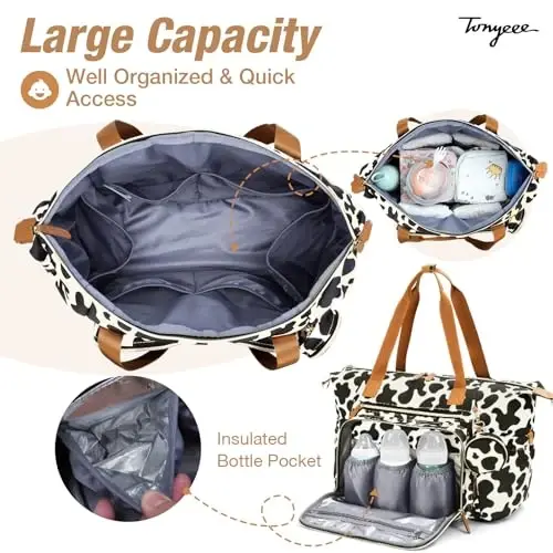Tonyeee Diaper Bag Tote, Sayohat uchun katta chaqaloq taglik sumkalari, Emzik qutisi, o'zgartirish uchun gilamcha, yelka tasmasi, sigir naqshli tug'ruq uchun shifoxona sumkasi - 2
