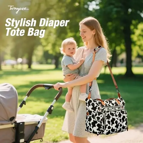 Tonyeee Diaper Bag Tote, Sayohat uchun katta chaqaloq taglik sumkalari, Emzik qutisi, o'zgartirish uchun gilamcha, yelka tasmasi, sigir naqshli tug'ruq uchun shifoxona sumkasi - 3