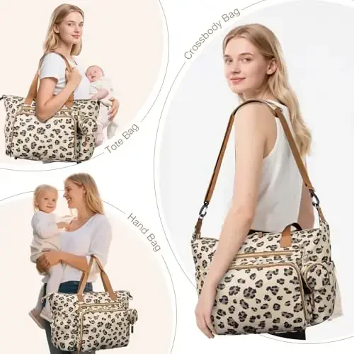 Tonyeee Diaper Bag Tote, Travel uchun katta bolalar taglik sumkalari, emzik qutisi bilan tug'ish uchun kasalxona sumkasi, taglik, yelkali tasma, qoplon naqsh - 3