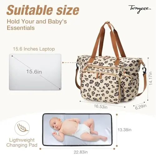Tonyeee Diaper Bag Tote, Travel uchun katta bolalar taglik sumkalari, emzik qutisi bilan tug'ish uchun kasalxona sumkasi, taglik, yelkali tasma, qoplon naqsh - 5