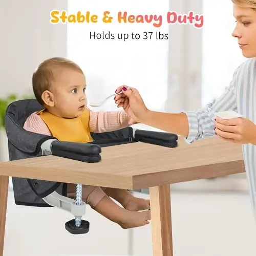 Hook On High Chair for Babies 6-36 Months - Portable Foldable Baby Feeding Seat with Carry Bag, Non-Slip Aluminum Clamp, Machine Washable Cover, BPA Free Booster Seat for Table (Black) - 4