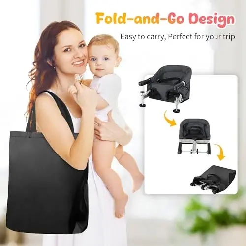 Hook On High Chair for Babies 6-36 Months - Portable Foldable Baby Feeding Seat with Carry Bag, Non-Slip Aluminum Clamp, Machine Washable Cover, BPA Free Booster Seat for Table (Black) - 5