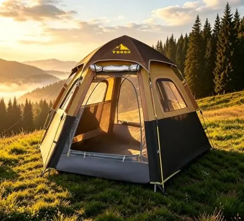 Toogh 2/3 Person Hexagon Instant Pop Up Tent for Camping, Waterproof with Rainfly, Double Layer & Fully Openable Windows for Max Ventilation, Dual Doors & Vestibule, Carry Bag with High Density Oxford - 4