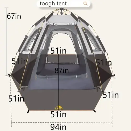 Toogh Camping Tent bilan bir zumda o'rnatish, 2/3 kishilik ob-havoga chidamli chodir, 60 soniyada oson tez o'rnatish, oilaviy lager va sayohat uchun Rainfly ryukzakli chodir, yaxshilangan shamollatish, markaz balandligi 66 dyuym - 3