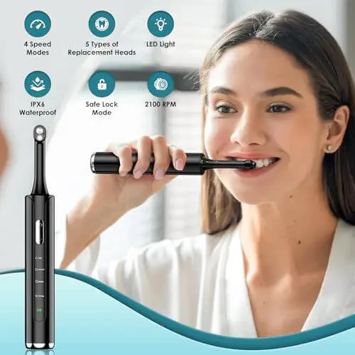 Tooth Polisher, Rechargeable Teeth Polisher with 5 Brush Heads, 4 Speed Modes, Dental Polisher for Whitening and Polishing, LED Light, 3 Polish Pastes, IPX6 Waterproof Teeth Cleaning Tools, Black - 5