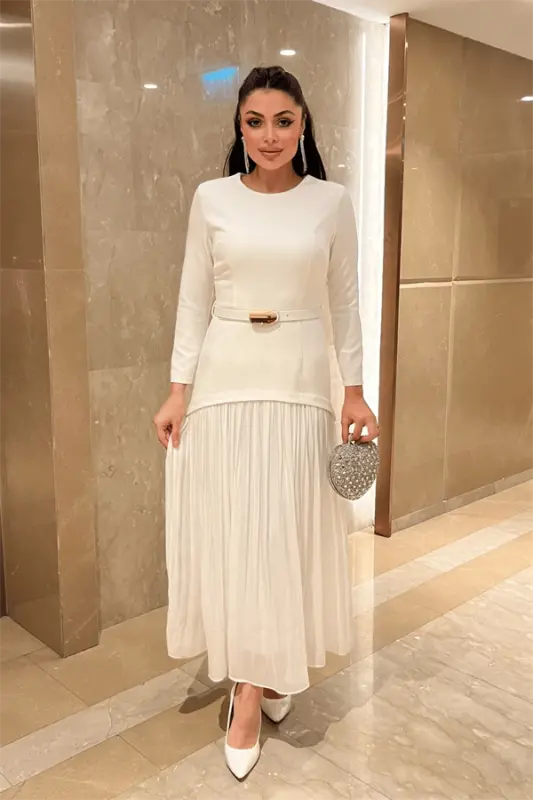 Top Atlas Bottom Chiffon Fabric Dress - WHITE - BÜYÜKBEDENIZ