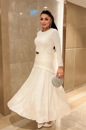 Top Atlas Bottom Chiffon Fabric Dress - WHITE - 2