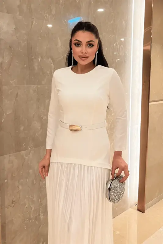 Top Atlas Bottom Chiffon Fabric Dress - WHITE - 3