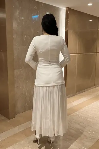 Top Atlas Bottom Chiffon Fabric Dress - WHITE - 5