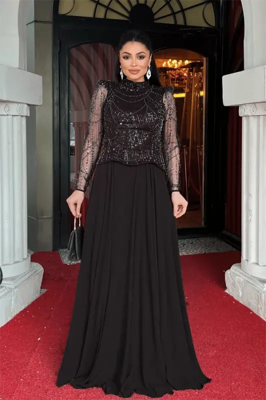 Top Beaded Detailed Bottom Chiffon Dress - BLACK - BÜYÜKBEDENIZ