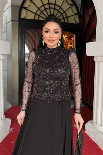 Top Beaded Detailed Bottom Chiffon Dress - BLACK - 4