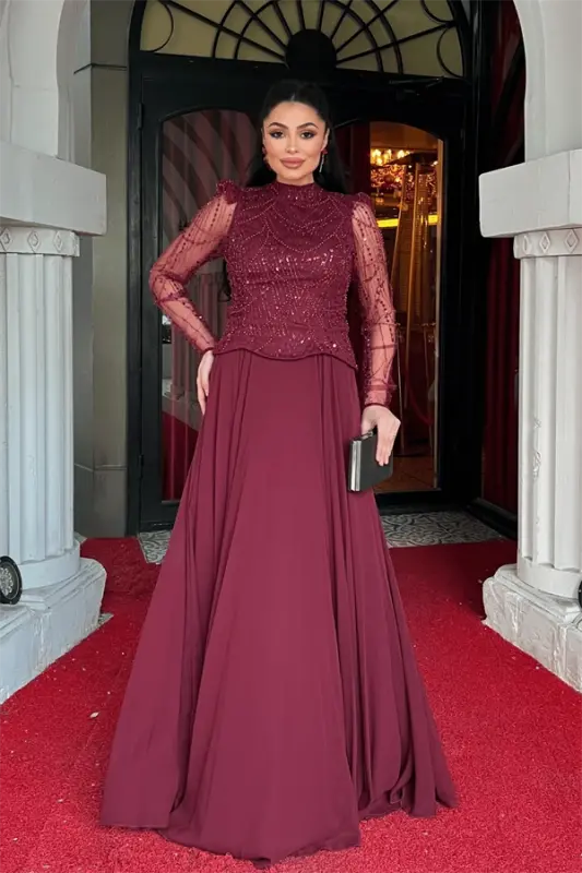 Top Beaded Detailed Bottom Chiffon Dress - BURGUNDY - BÜYÜKBEDENIZ