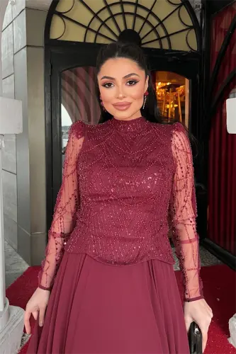 Top Beaded Detailed Bottom Chiffon Dress - BURGUNDY - 4