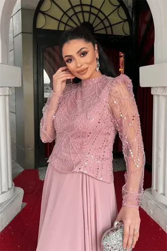 Top Beaded Detailed Bottom Chiffon Dress - POWDER - 4