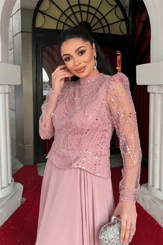 Top Beaded Detailed Bottom Chiffon Dress - POWDER - 4