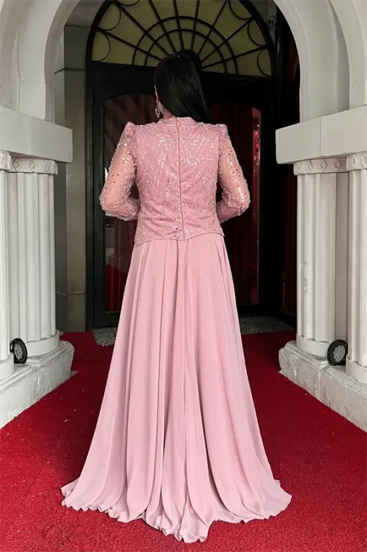 Top Beaded Detailed Bottom Chiffon Dress - POWDER - 5