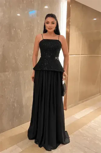 Top Beaded Fabric Bottom Chiffon Design Dress - BLACK - 1