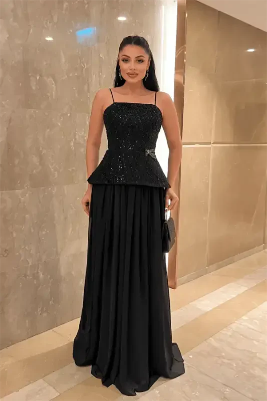 Top Beaded Fabric Bottom Chiffon Design Dress - BLACK - BÜYÜKBEDENIZ