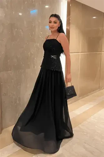 Top Beaded Fabric Bottom Chiffon Design Dress - BLACK - BÜYÜKBEDENIZ (1)