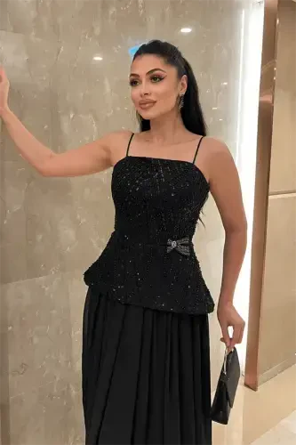 Top Beaded Fabric Bottom Chiffon Design Dress - BLACK - 3