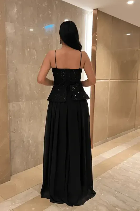 Top Beaded Fabric Bottom Chiffon Design Dress - BLACK - 5