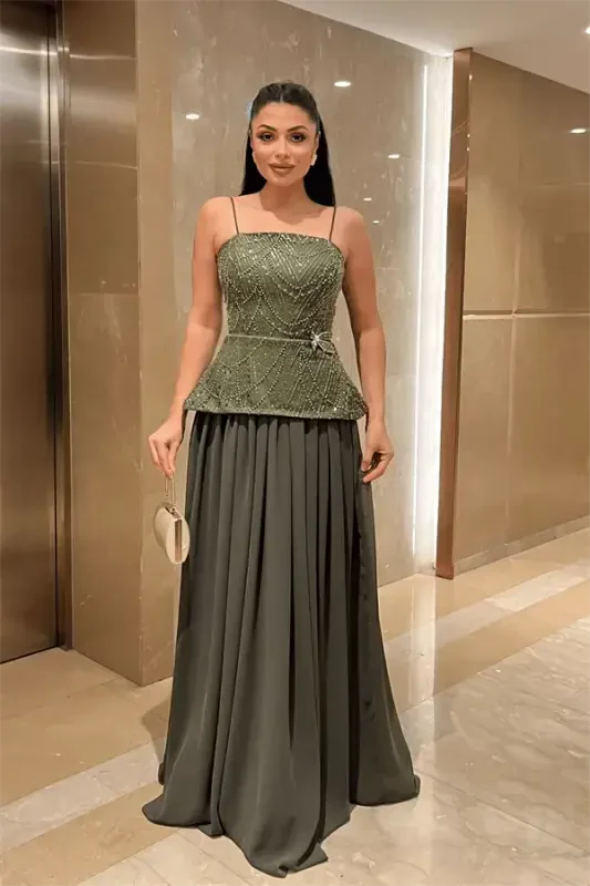 Top Beaded Fabric Bottom Chiffon Design Dress - KHAKI GREEN - BÜYÜKBEDENIZ