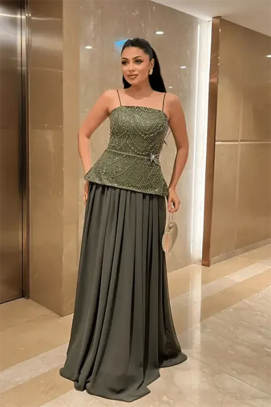Top Beaded Fabric Bottom Chiffon Design Dress - KHAKI GREEN - 2