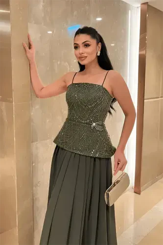 Top Beaded Fabric Bottom Chiffon Design Dress - KHAKI GREEN - 3