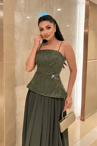 Top Beaded Fabric Bottom Chiffon Design Dress - KHAKI GREEN - 4