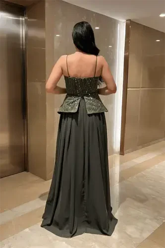 Top Beaded Fabric Bottom Chiffon Design Dress - KHAKI GREEN - 5