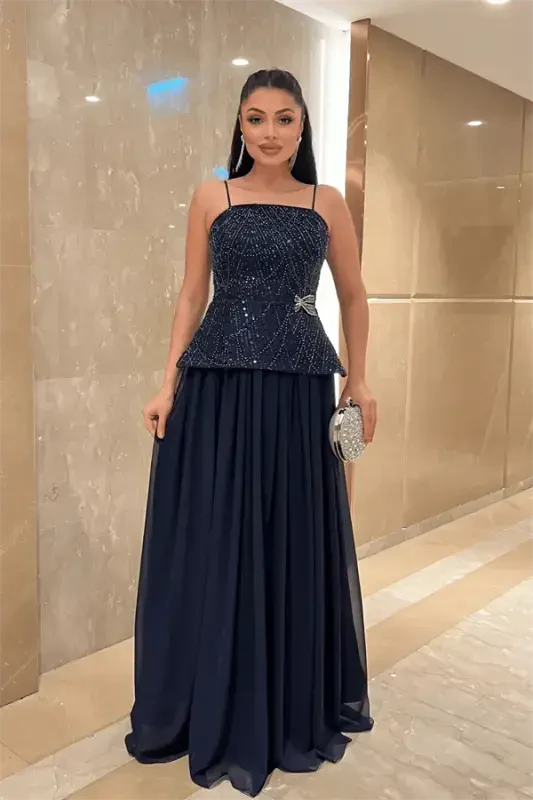 Top Beaded Fabric Bottom Chiffon Design Dress - NAVY BLUE - BÜYÜKBEDENIZ