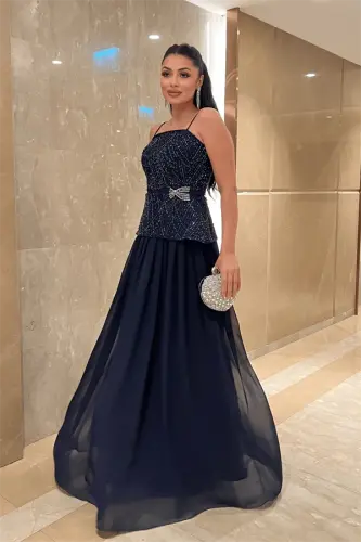 Top Beaded Fabric Bottom Chiffon Design Dress - NAVY BLUE - 2