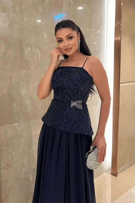 Top Beaded Fabric Bottom Chiffon Design Dress - NAVY BLUE - 3