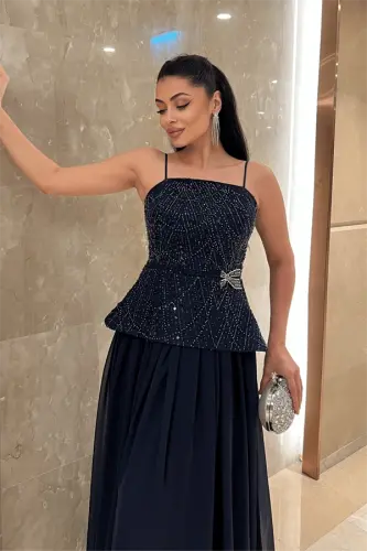 Top Beaded Fabric Bottom Chiffon Design Dress - NAVY BLUE - 4