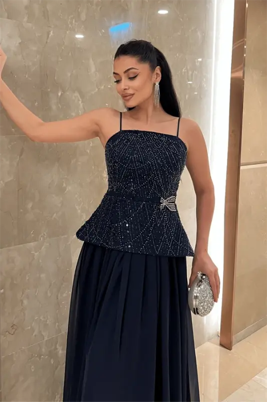 Top Beaded Fabric Bottom Chiffon Design Dress - NAVY BLUE - 4