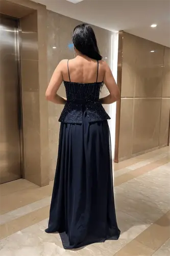 Top Beaded Fabric Bottom Chiffon Design Dress - NAVY BLUE - 5