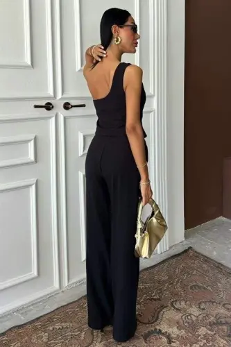 Топ-бра на одно плечо, брюки палаццо, вискозный костюм 10159 - 3