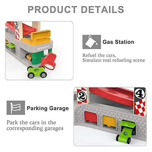 TOP BRIGHT Car Ramp Toy for 2 3 Year Old Boy Gifts, Toddler Race Track Toy for 18 Month Old with 4 Wooden Cars and 3 Car Garage - 3
