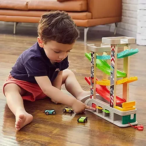 TOP BRIGHT Car Ramp Toy for 2 3 Year Old Boy Gifts, Toddler Race Track Toy for 18 Month Old with 4 Wooden Cars and 3 Car Garage - TOP (1)