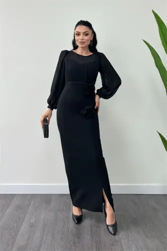 Top Chiffon Bottom Atlas Fabric Flower Detailed Evening Dress - BLACK - 1